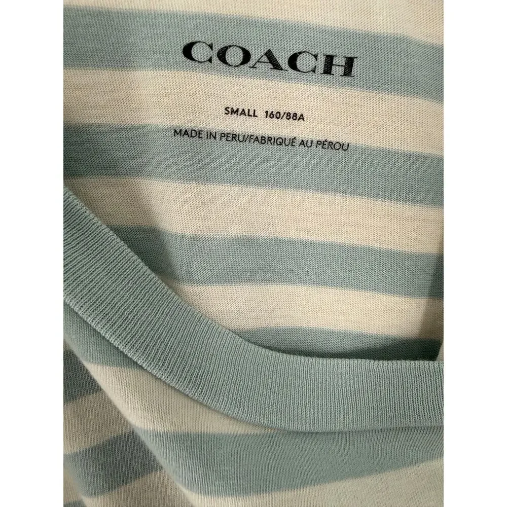 Coach Women’s Small Blue White Striped Logo T-Shirt 100% Cotton Y2K